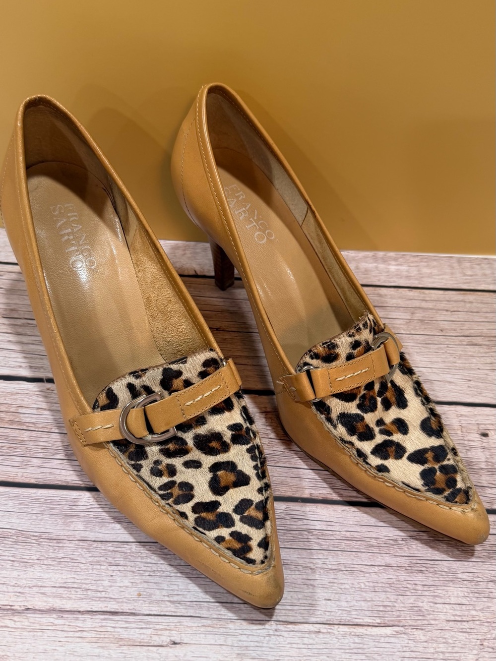 Franco Sarto Tan Leather Pumps with Leopard Print Accent. Super comfortable.
